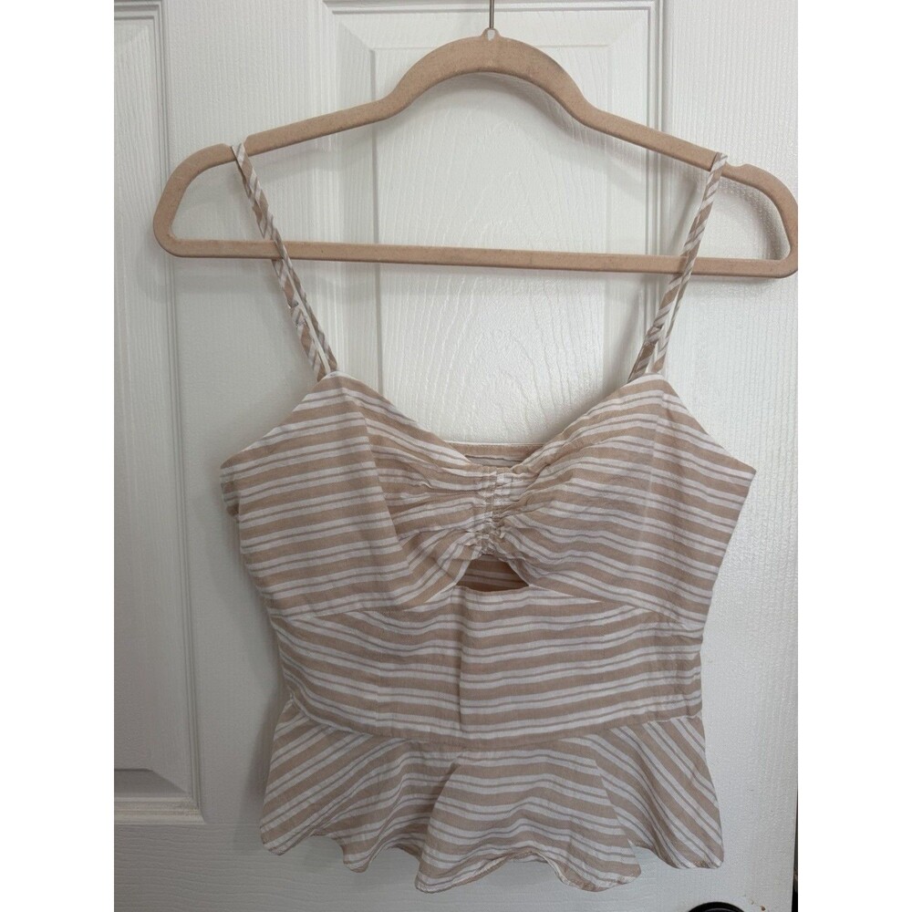 Intermix Womens Spaghetti Strap Cut Out Ruffled Striped Top Brown White Size S